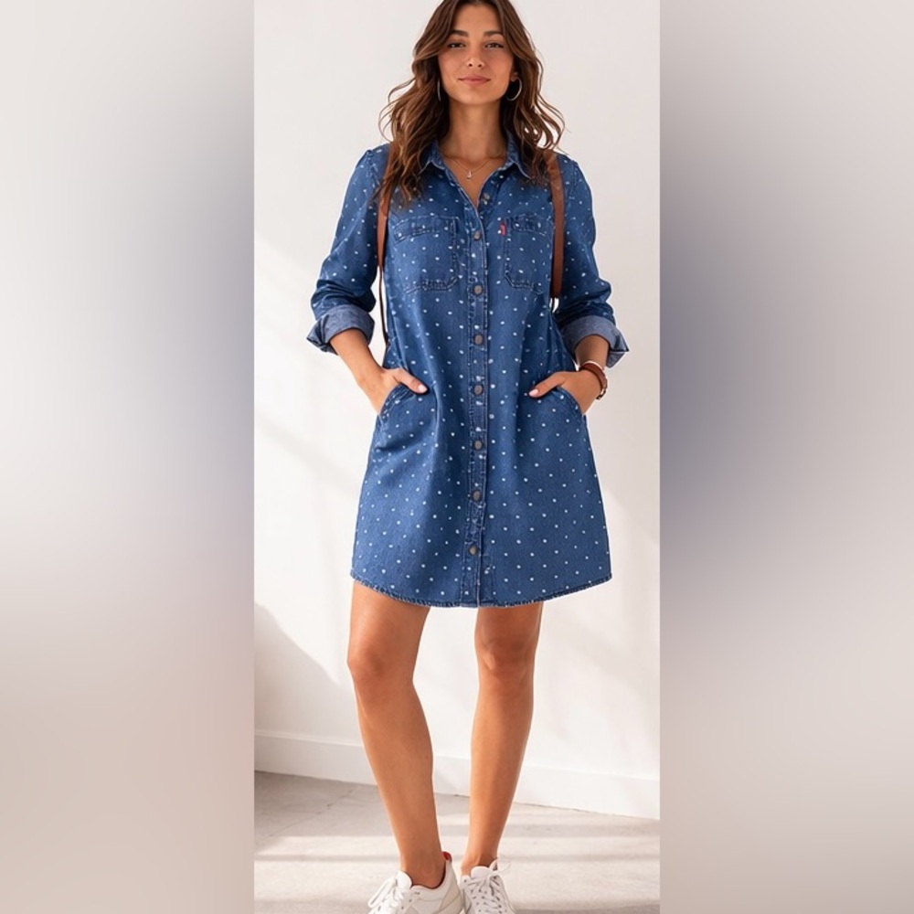 🌟 Levi’s Polka Dot Denim Shirt Dress Size Small Blue Button-Up Dress